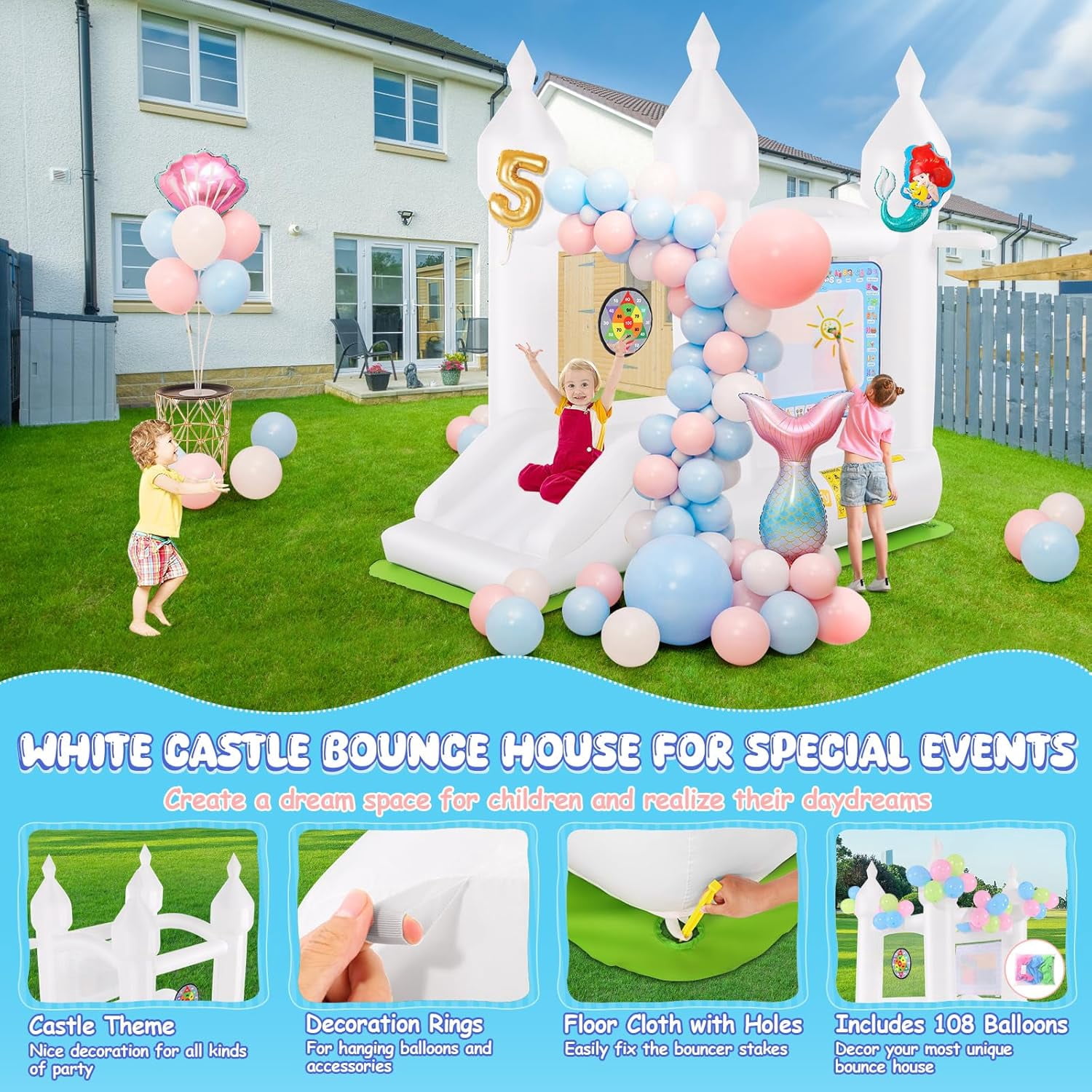 Adnoom Bounce House for Kids 3-8, White Bouncy Castle with Slide, Inflatable Bouncer with Magical Water Canvas, Wedding Party Kids Birthday Party, Indoor & Outdoor