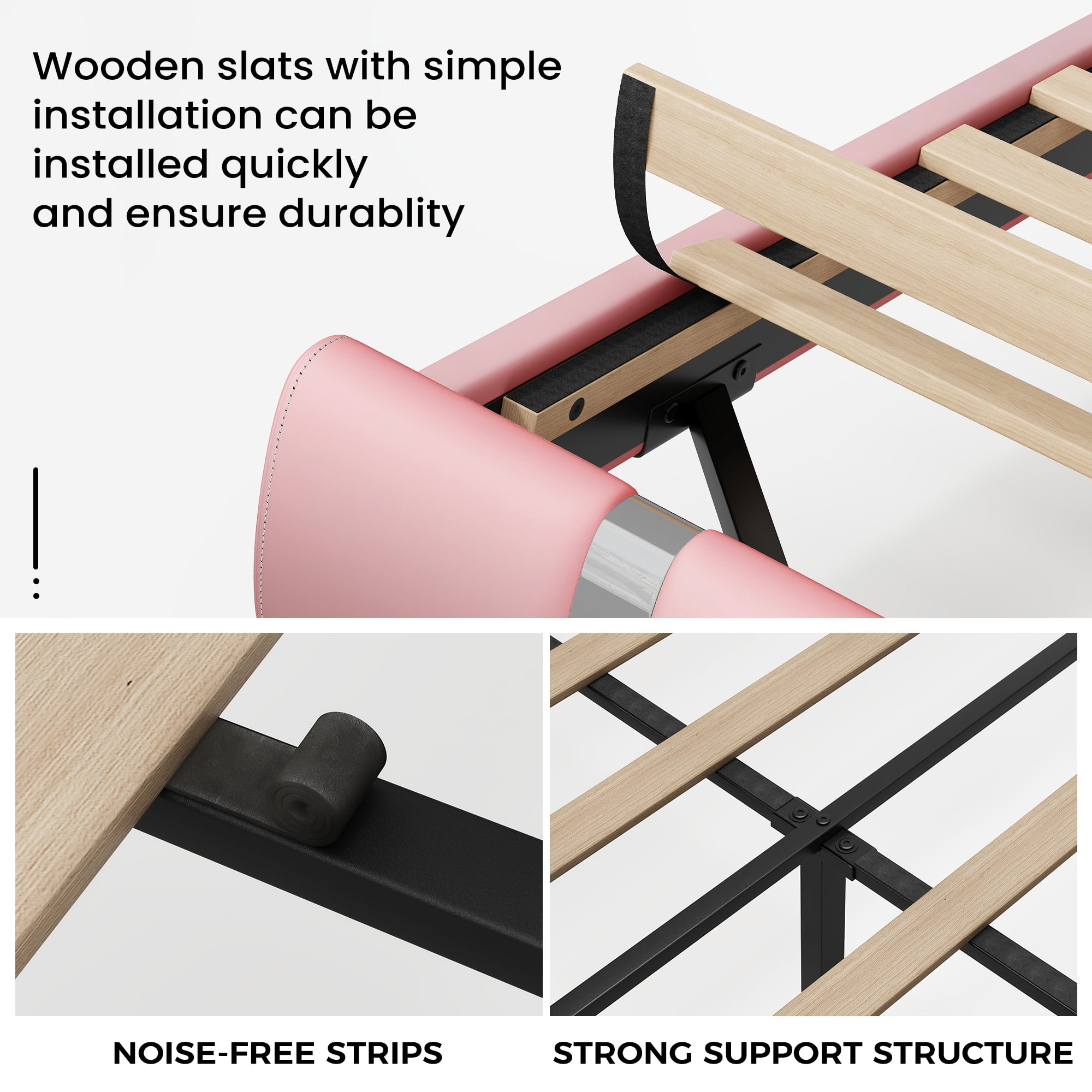 IDEALSOUL Queen Size Floating Bed Frame with Upholstered Storage Headboard, Metal Platform Bed with Charging Station & LED,No Box Spring Needed,Easy to Assemble (Queen,Pink)