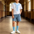 thumbnail image 4 of Daiosportswear Boys 4 Piece Summer Outfit Set, Crew Neck Tee Detachable Shawl Pocket Denim Shorts Knee High Socks for 3-16Y Sky Blue 13-14 Years, 4 of 9