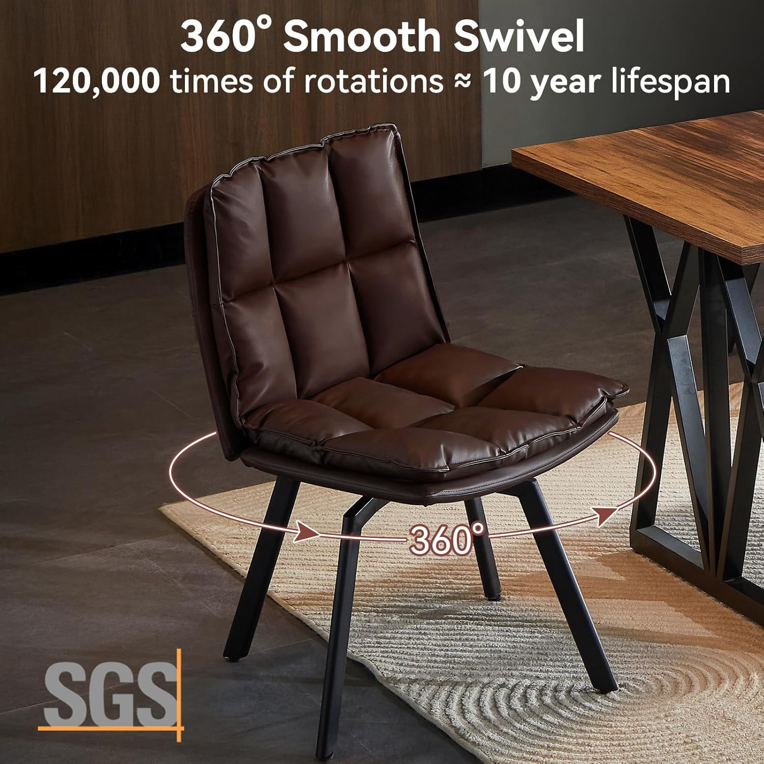 Sailvan Dining Chairs Set of 2, Modern PU Leather Upholstered Kitchen Chairs, Swivel Dining Room Chair with Double-Layer Fabric Cushion, Dark Brown