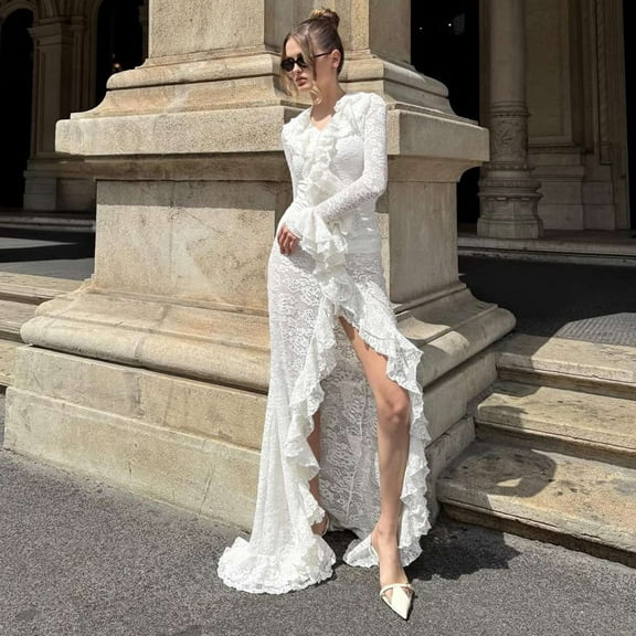 White Lace Ruffled Dress with High Slit (S, White)