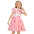 thumbnail image 5 of IBTOM CASTLE Kids Girls 1950s Retro Vintage Tea Party Bowknot Dress Short Puff Sleeve Contrast Panel Swing Party Dresses 7-8 Years Pink, 5 of 7