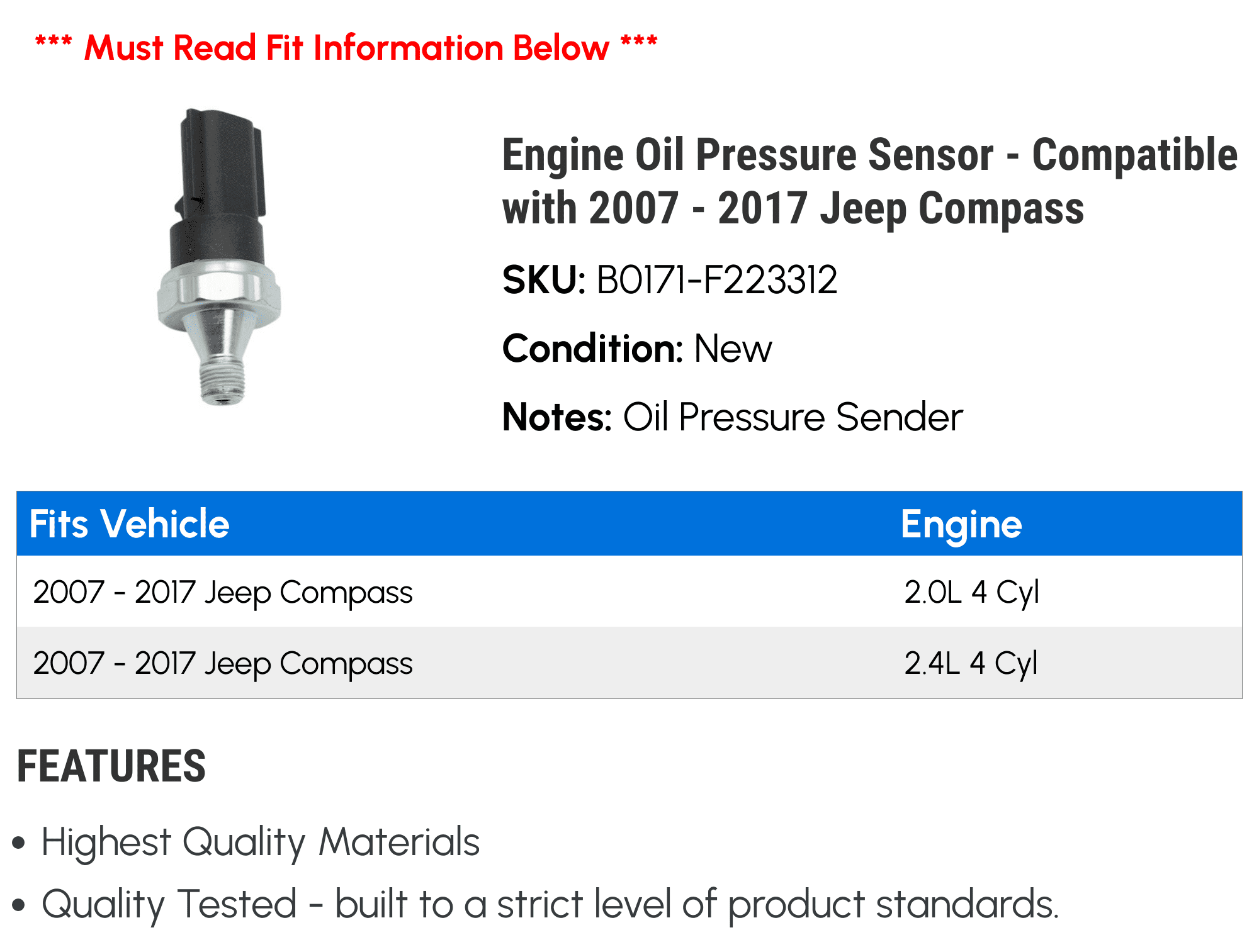 Engine Oil Pressure Sensor - Compatible with 2007 - 2017 Jeep Compass 2008 2009 2010 2011 2012 2013 2014 2015 2016