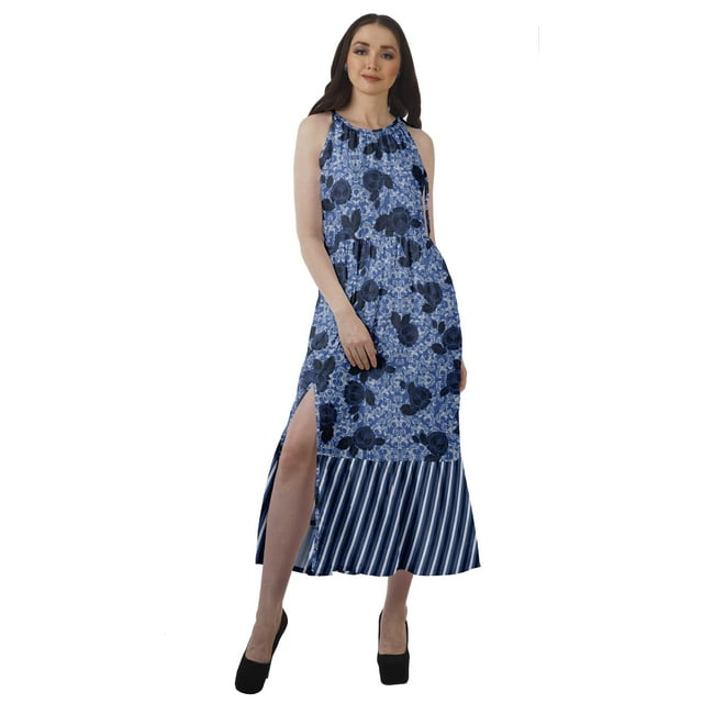 Moomaya Robe Longue Imprimée pour Femmes, Fente avant, Aguichant, Sans Manches, en Rayonne, Robe de Mariage