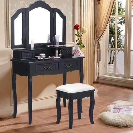 Costway Tri Folding Mirror Bathroom Wood Vanity Set Makeup Table Costway Tri Folding Mirror Bathroom Wood Vanity Set Makeup Table Dresser 4 Drawers Stool