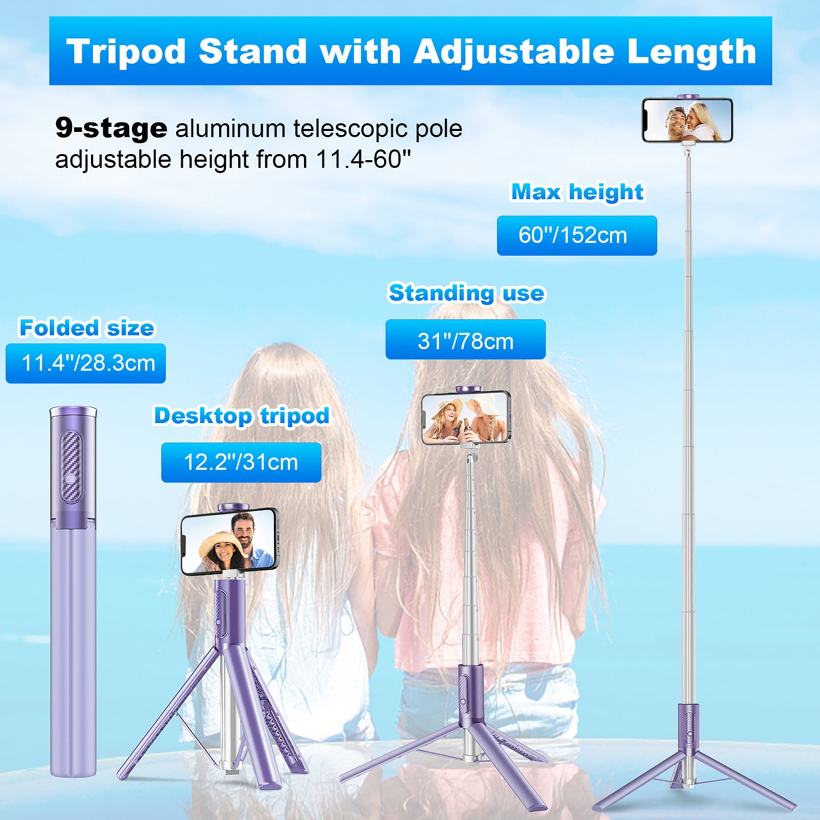 TONEOF 60in Phone Selfie Stick Tripod with Remote,  Travel Tripod Stand Portable for iPhone and Android（Purple）