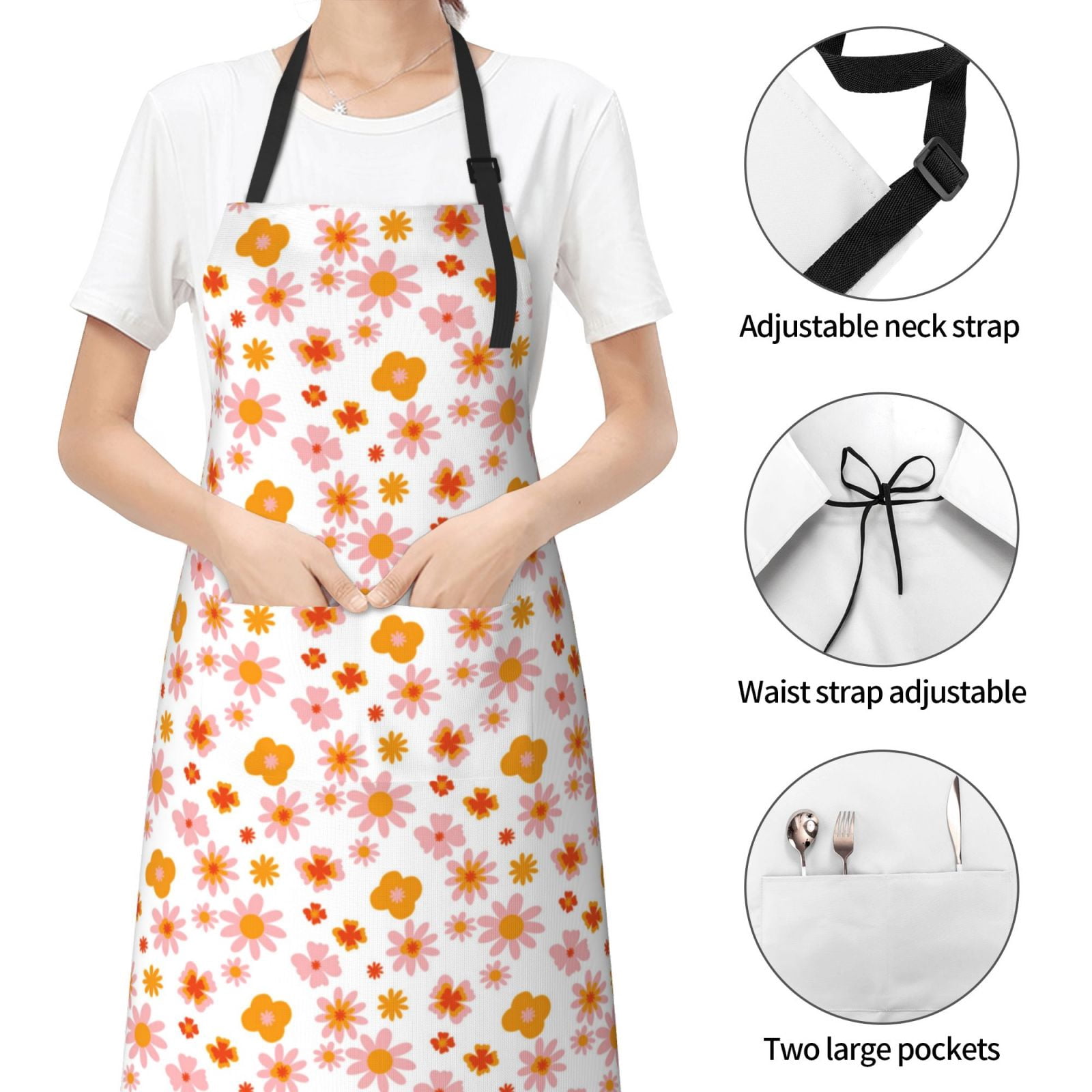 Kdxio 70s Retro Flowers Apron with Pockets Adjustable Kitchen Aprons for Men Women Waterproof Aprons for Cooking,Drawing,Crafting, Baking Household Cleaning