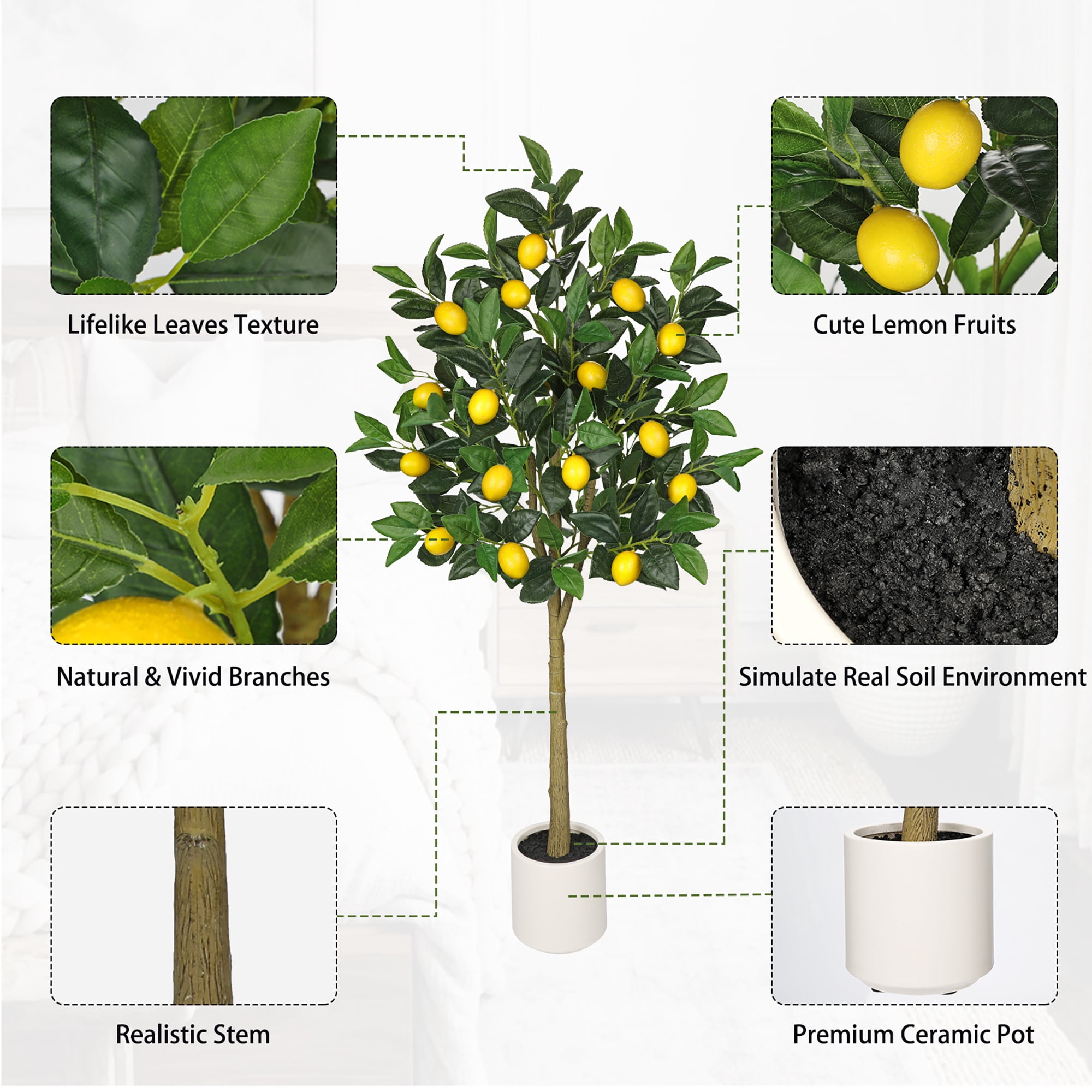 GnFlus 4Ft Artificial Lemon Trees Large Artificial Tree with White Ceramic Pot Faux Lemons Citrus Tree Fake Floor Plants Indoor kitchen Lemon Home Decor