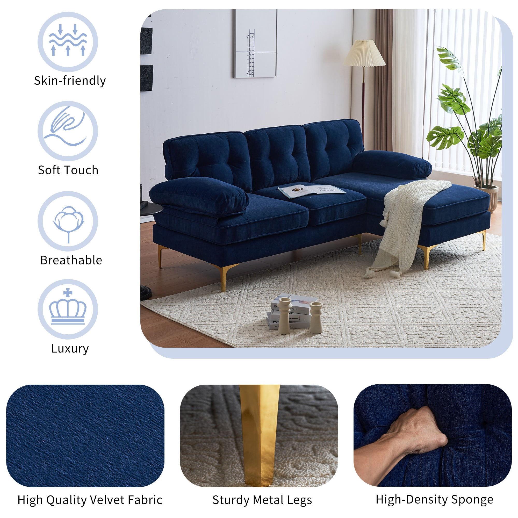82.6" Modern Sectional Sofas Couches,L Shaped Velvet Sofa Couch for Living Room,Bedroom,Blue