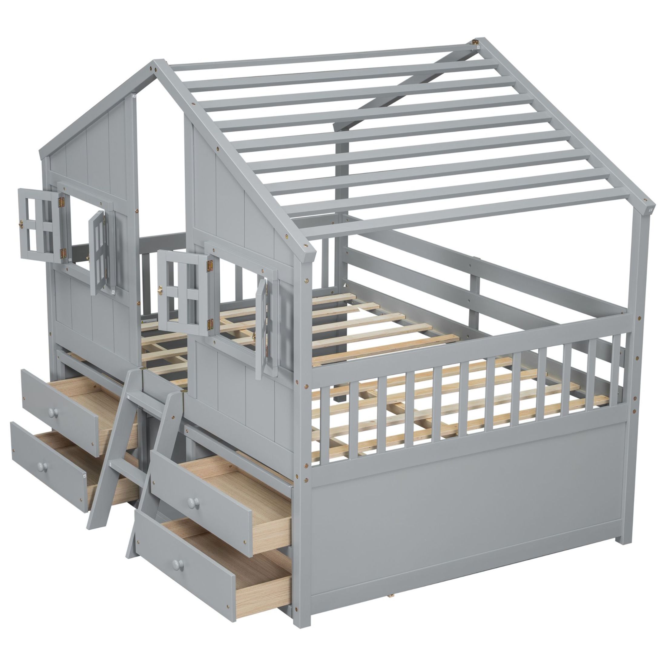 Noble House Full Size House Loft Bed, Pine Wood Frame with Roof, Windows, Ladder, and Storage Drawers, Grey