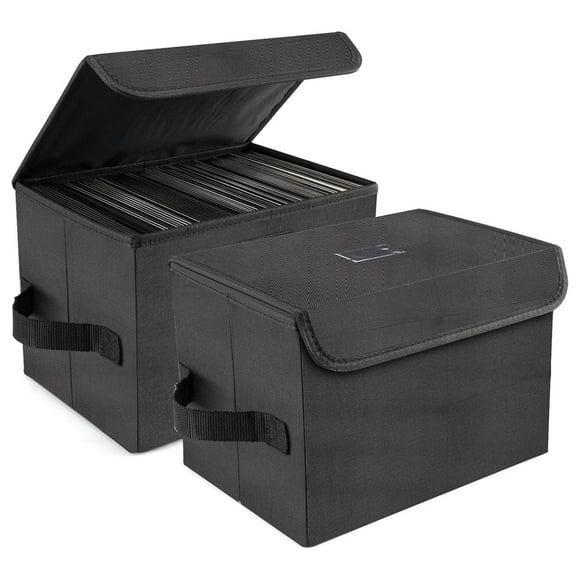 7-inch Vinyl Record Storage Box - Set of 2 Foldable Stackable LP Organizer Cases with Lid & Handles - Holds 120 Records - Nylon Vinyl Storage Bins for Collection