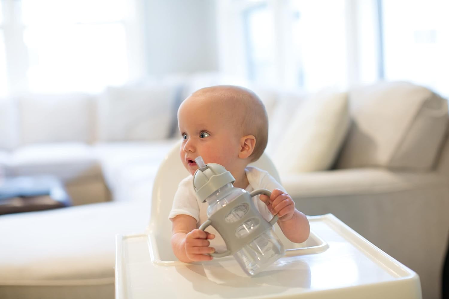 Dr. Brown's Milestones Wide-Neck Sippy Straw Bottle, 100% Silicone Handles, 9oz/270ml, 6m+, Gray