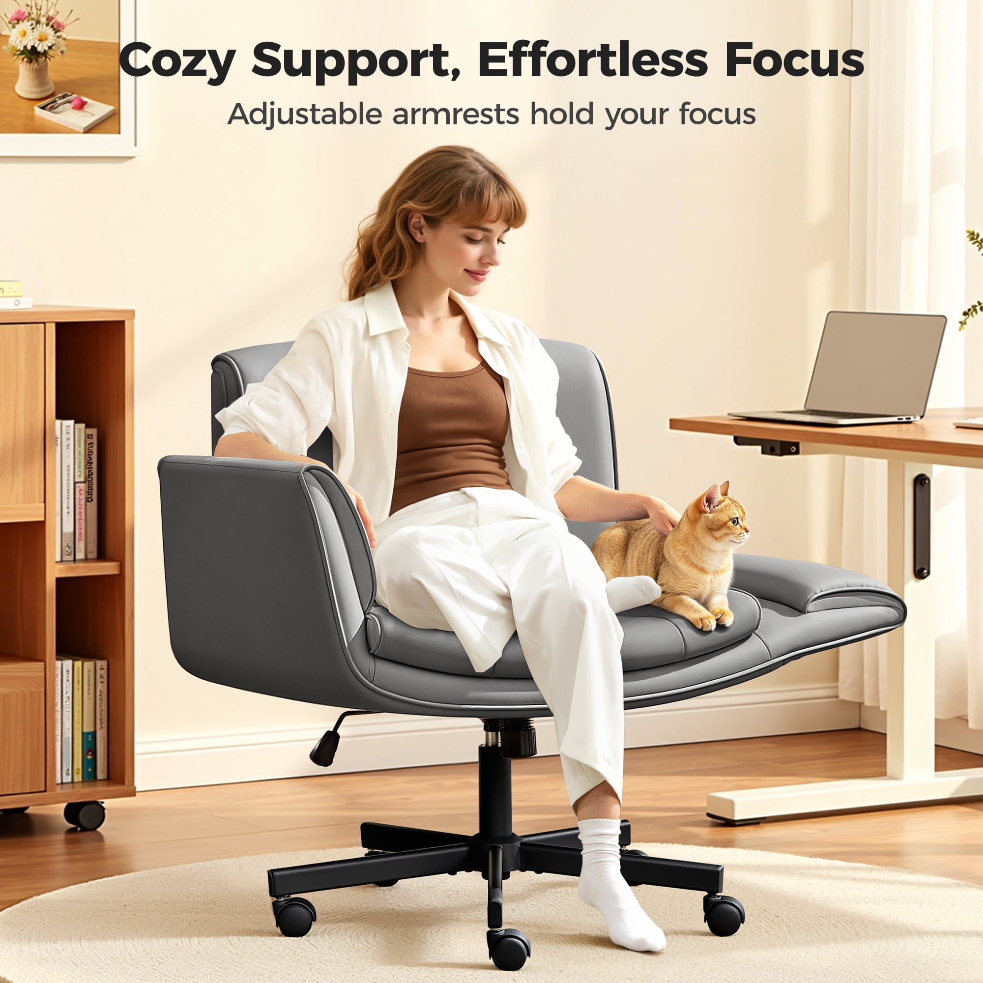 COOLHUT Criss Cross Office Chair, PU Leather Vanity Chair with Armrests and Wheels, Comfy Adjustable Swivel Ergonomic Criss Cross Chair for Home Office Bedroom Makeup, Dark Gray