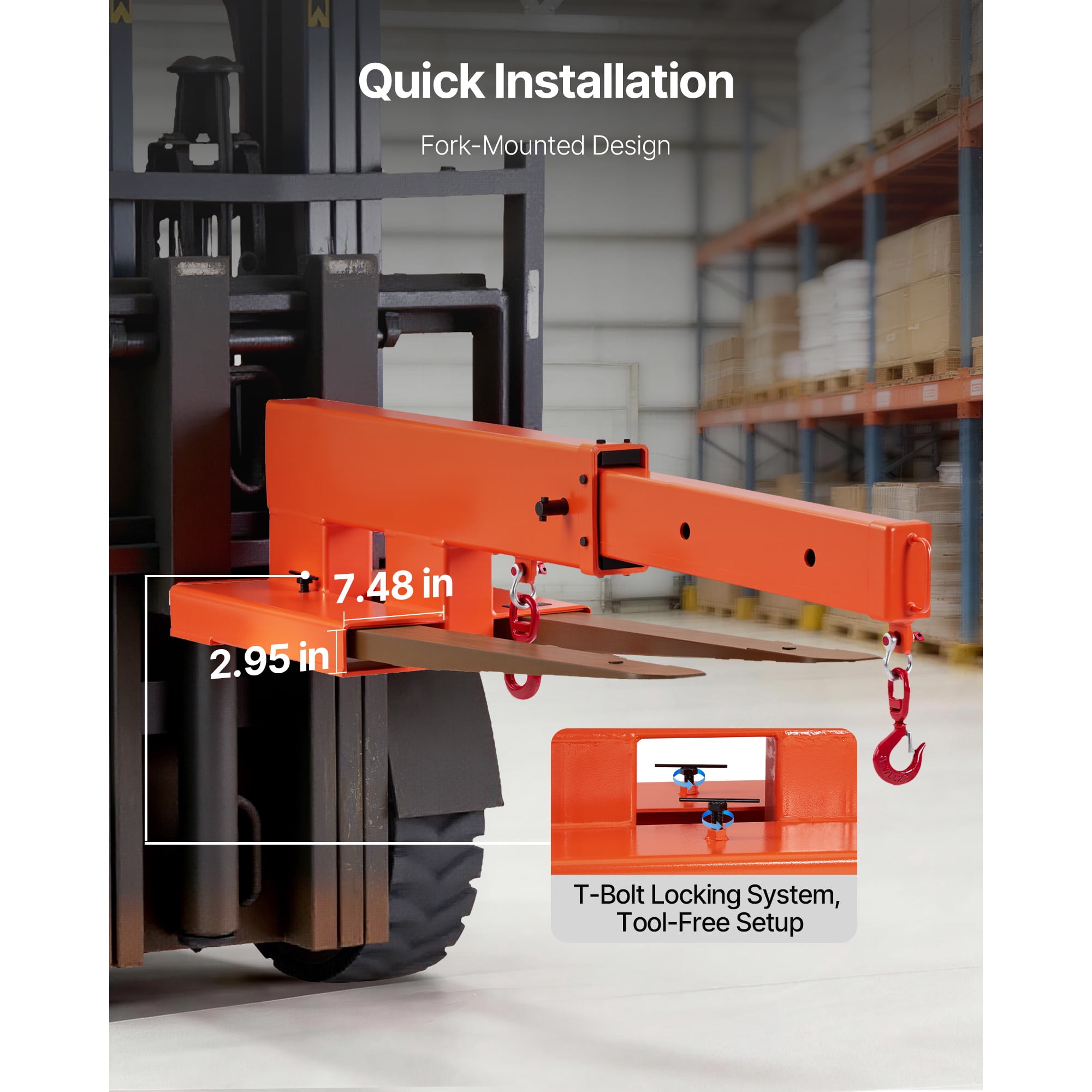 KFFKFF Forklift Jib Boom Crane, 5500 lbs Load Capacity, Mobile Lifting Hoist with Dual Hooks, Adjustable Length 47.2-73.5 in, Attachment for Towing and Handling in Warehouses and Factories