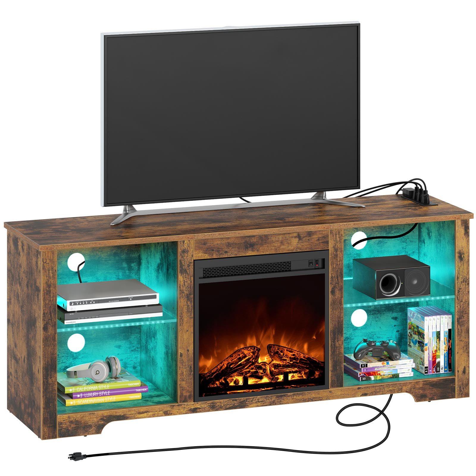Rolanstar Fireplace TV Stand 57.9" with Led Lights and Power Outlets