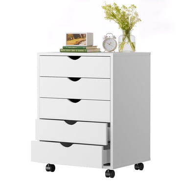 Sybels 5-Drawer Rolling Storage Cart, Mobile File Cabinet & Organizer Dresser with Wheels for Home Office, Wood Chest, White