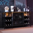 thumbnail image 1 of Wine Bar Storage Cabinet with Bottle Rack and Stemware Holder, Rustic Home Coffee Bar with LED Lighting, Metal Buffet Sideboard, Liquor Console Cabinet with Mesh Door for Living Room, 55.12"Black, 1 of 7