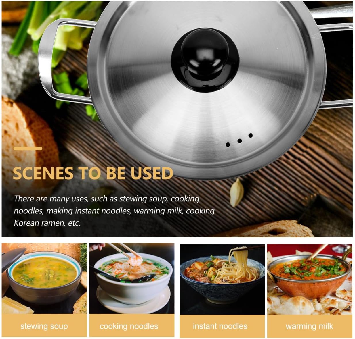 ABPETE Noodle Pot with Lid, Stainless Steel Ramen Cooker for Fast Heating, Double Handle Korean Instant Noodle Pot for Kitchen Use, Lightweight and Portable