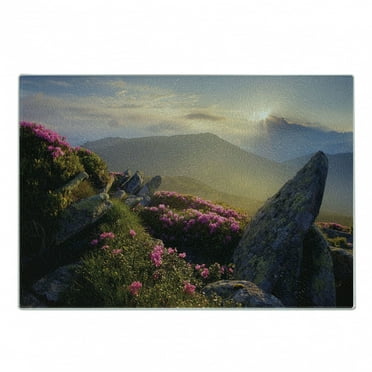 Mountain Cutting Board, Sunrise in Valley Meadow with Rhododendrons Wildlife Idyllic Rural Scenery, Decorative Tempered Glass Cutting and Serving Board, Small Size, Yellow Green Pink, by Ambesonne