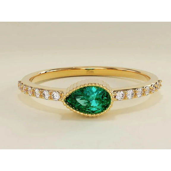 vylahjewellery Birthstone Month of April Pear Cut Ring Green Moissanite Diamond Anniversary Git Ring Comfort Fit 18K Yellow Gold Bezel Set