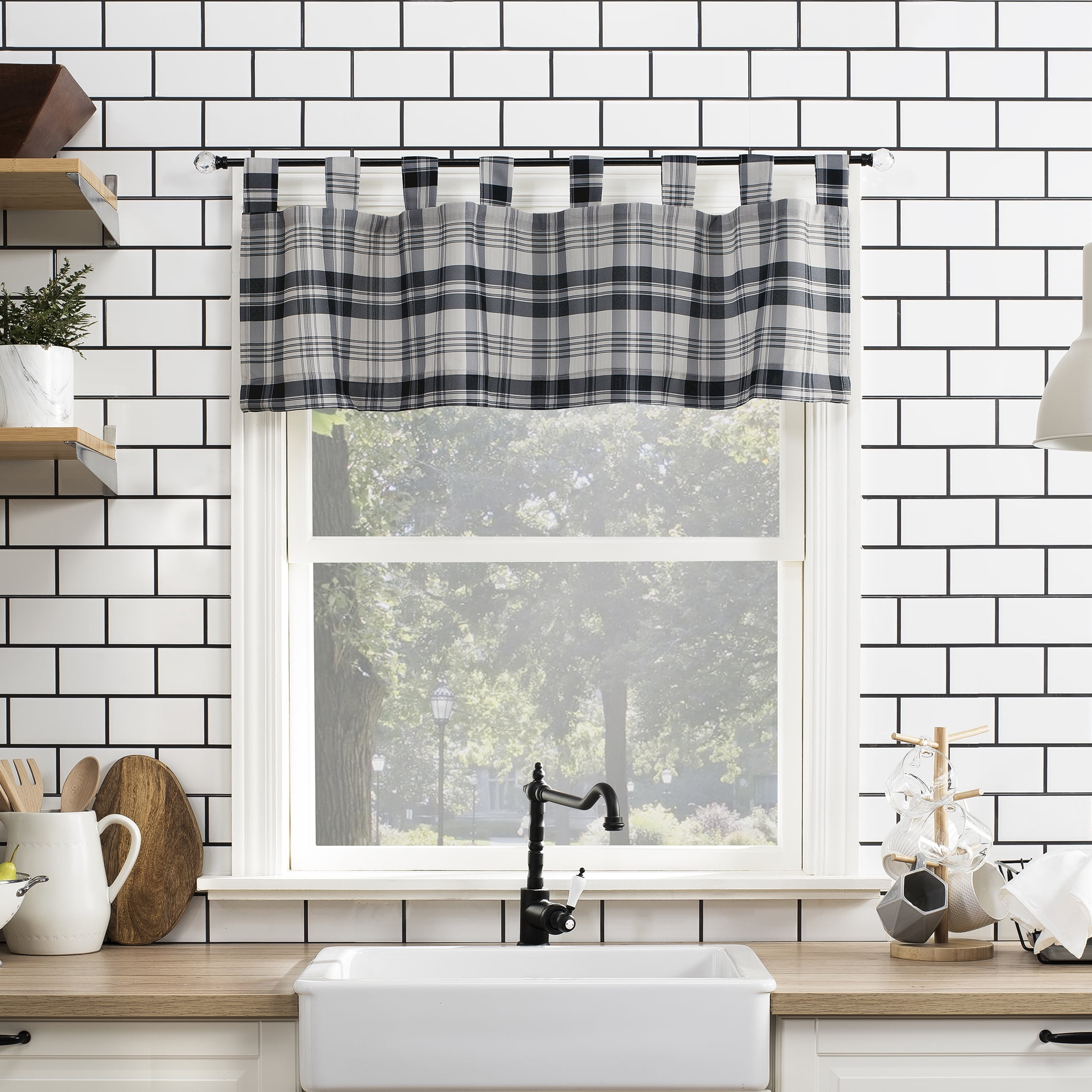 No. 918 Blair Farmhouse Plaid Semi-Sheer Tab Top Kitchen Curtains, 52"x36", Coal