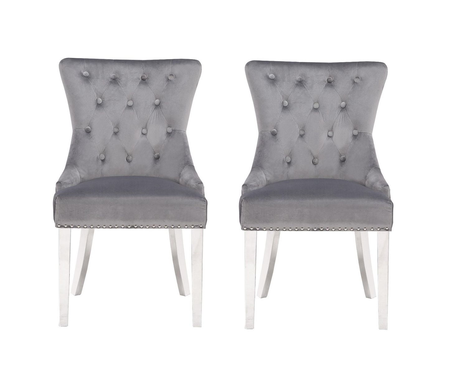 Chaise Eudora en Gris, chaise de salle à manger avec garniture cloutée, chaise de salle à manger en velours, chaise de salle à manger avec pieds en acier inoxydable pour cuisine et salon - Ensemble 2