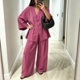 thumbnail image 6 of Womens Cotton Linen Sets 2 Piece Oversized V-neck Loose Top and Wide Leg Pants Sets Casual Vacation Outfits Hot Pink M, 6 of 6