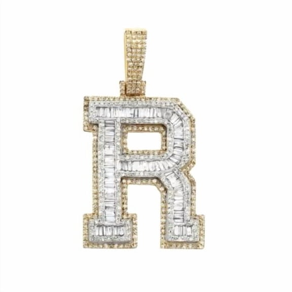 Iced Out Diamond Men's Hip Hop Bling Rapper Name Initial Charm Lucky Latter R Pendant 14K Two-Tone Gold Plated Sparking Bike Rapper Jewelry 925 Sterling Silver Handmade Men's Pendant Gift