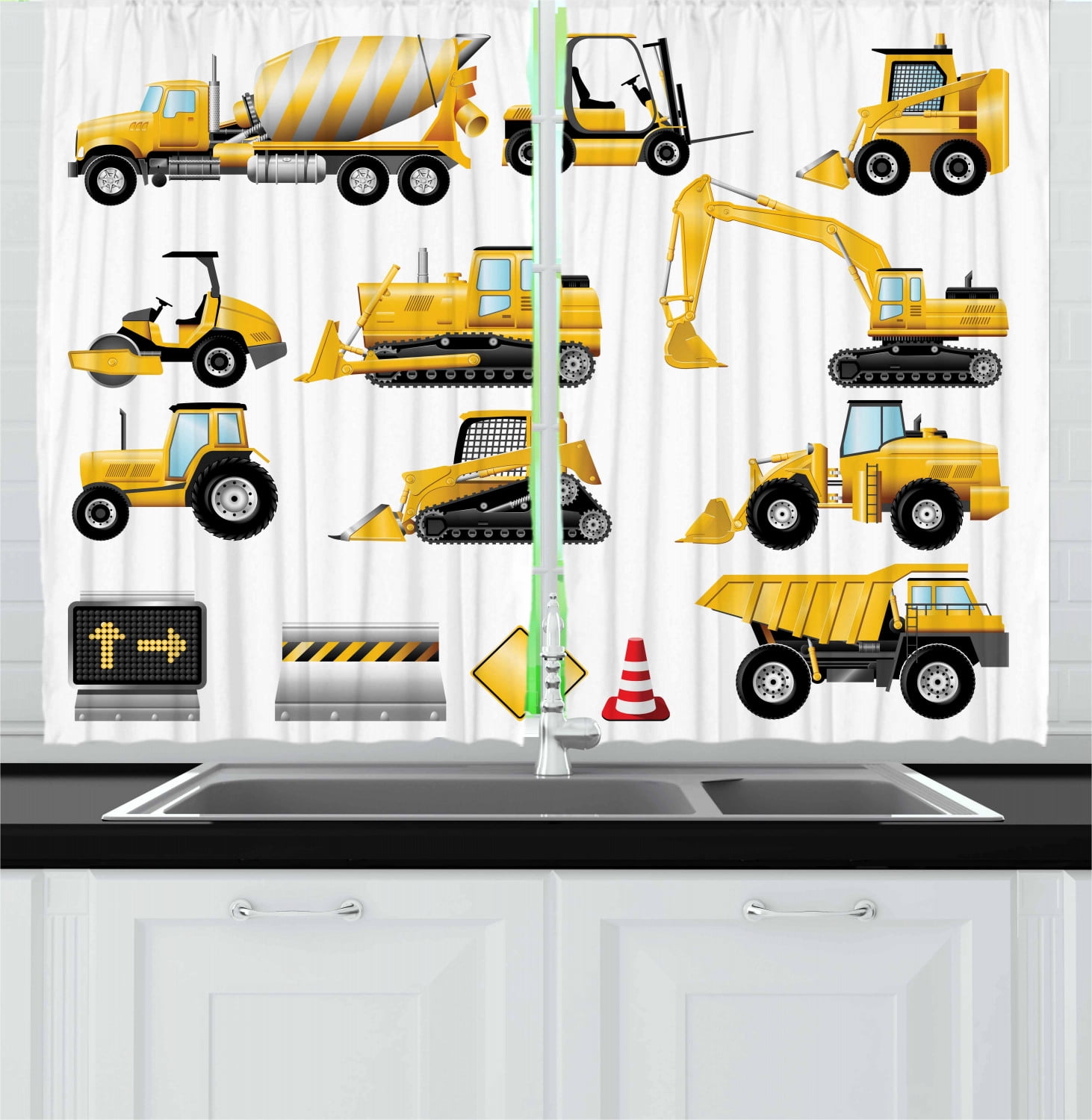 Boy's Curtains 2 Panels Set, Yellow Colored Construction Site Machinery and Signs Lined up for Display, Window Drapes for Living Room Bedroom, 55W X 39L Inches, Earth Yellow Black Red, by Ambesonne