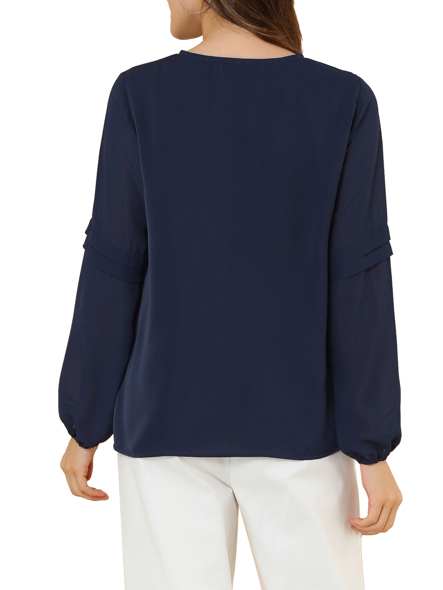 DARING DIVA Chiffon Semi Sheer Long Sleeves Keyhole Neck Blouse XL Dark Blue
