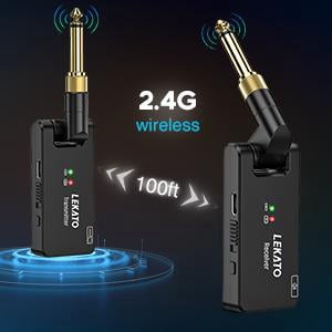 LEKATO WS-100 2.4GHz Wireless Guitar System W/ Charging Box, Rechargeable Wireless Guitar Transmitter Receiver, 4 Channels, 30m Range, 190° Rotatable Portable Electronic