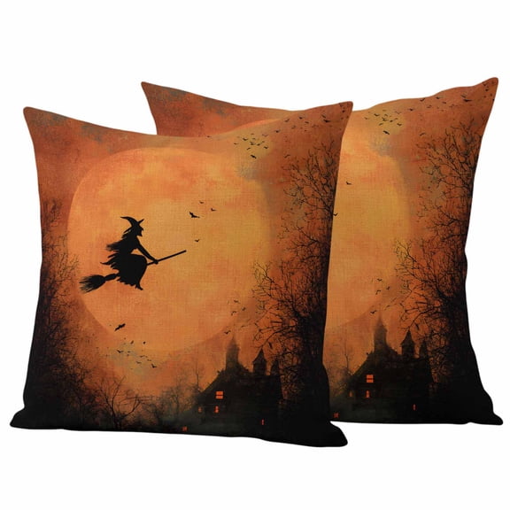 Halloween Orange Outdoor Waterproof Pillow Covers, Witch Castle Moon Tree Bat Horror Decorative Square Throw Pillowcase Sofa Cushion Sham for Patio/Couch/Chair, 16"x16" 2 Pack