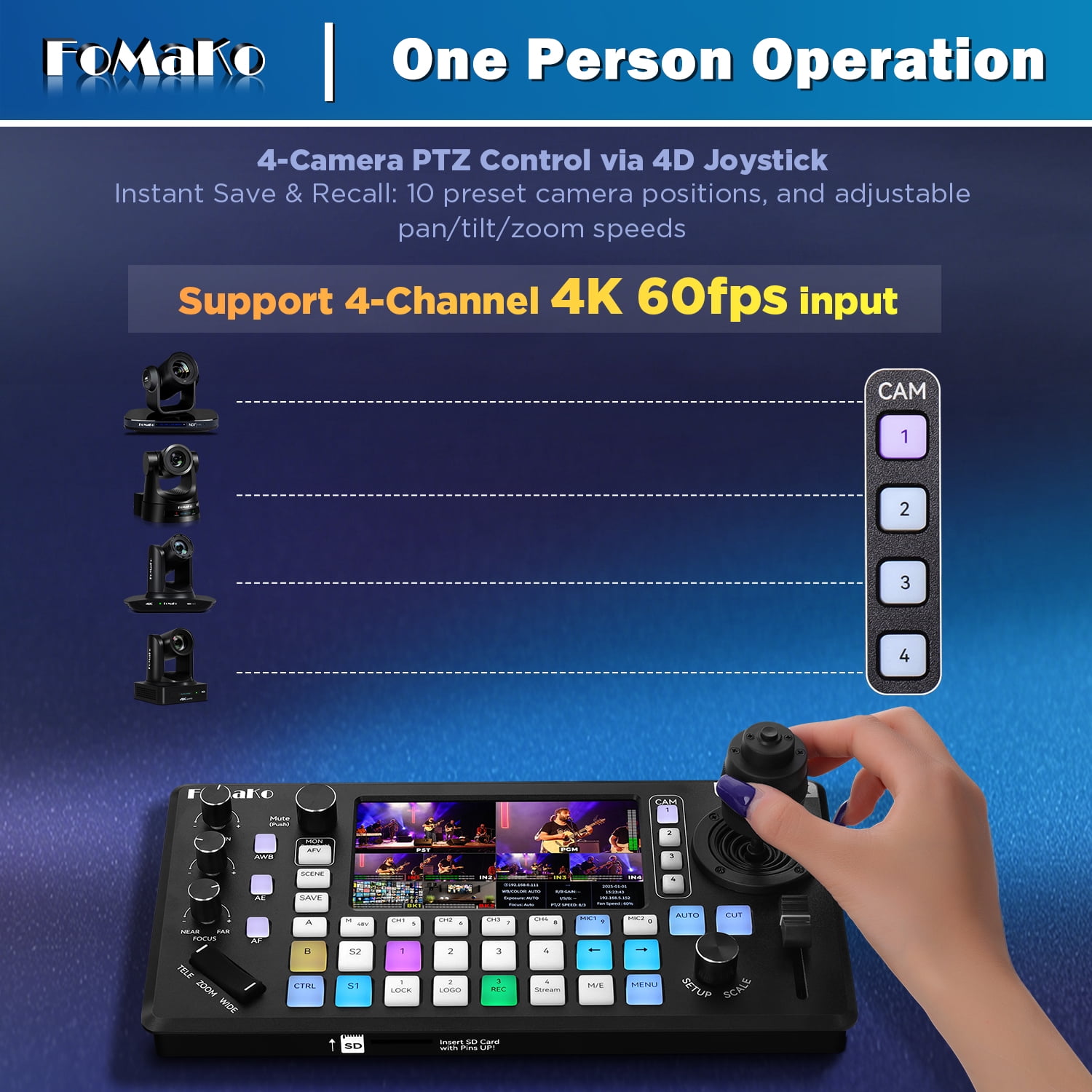 FoMaKo 4k HDMI Multi-Camera Video Mixer Switcher, Integrated Professional 4D Joystick PTZ Camera Controller, 5.5" FHD Screen, XLR Audio and USB/SD Recording,4K 60FPS Input, 1080p 60FPS Output,KC800