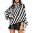 thumbnail image 5 of StylesILove Women Autumn Winter Knit Striped Turtleneck Fringe Poncho Pullover Shawl Warm Soft Wrap Lightweight Cape (Black), 5 of 6