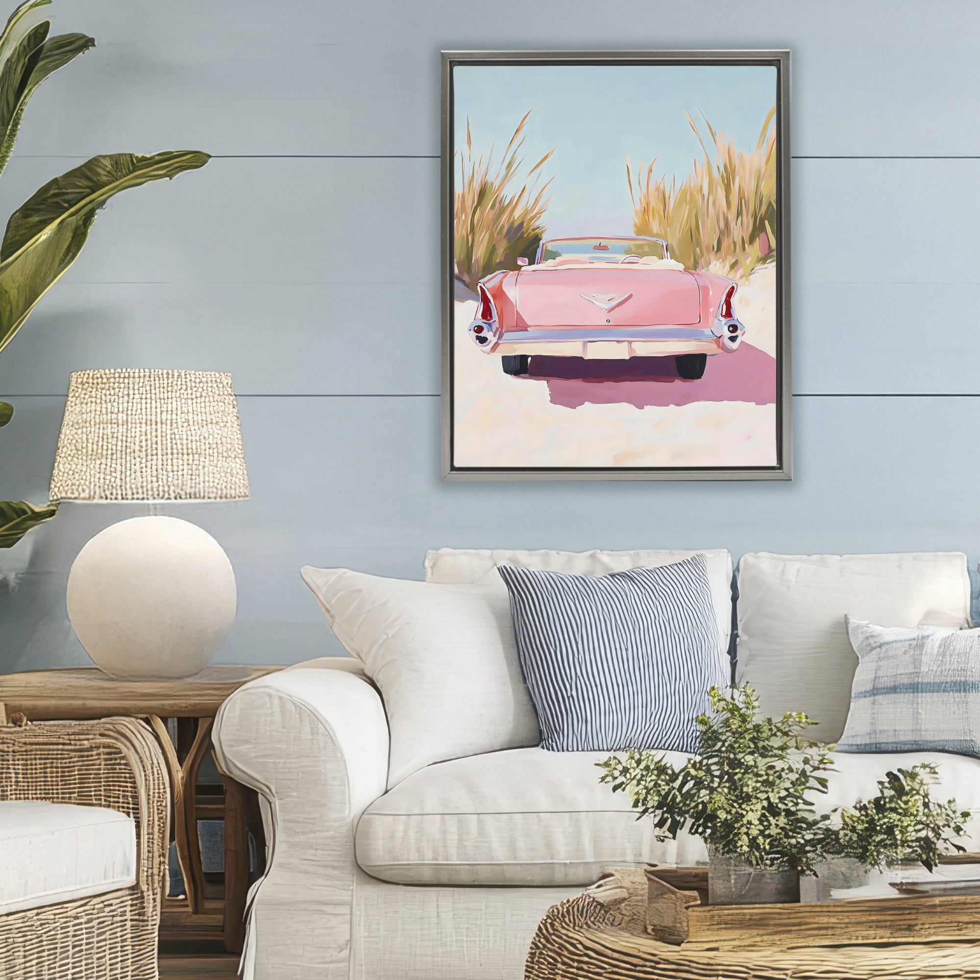 Stupell Industries Pink Cadillac on Beach Gray Framed Floater Canvas Wall Art, design by The Prints Vibe