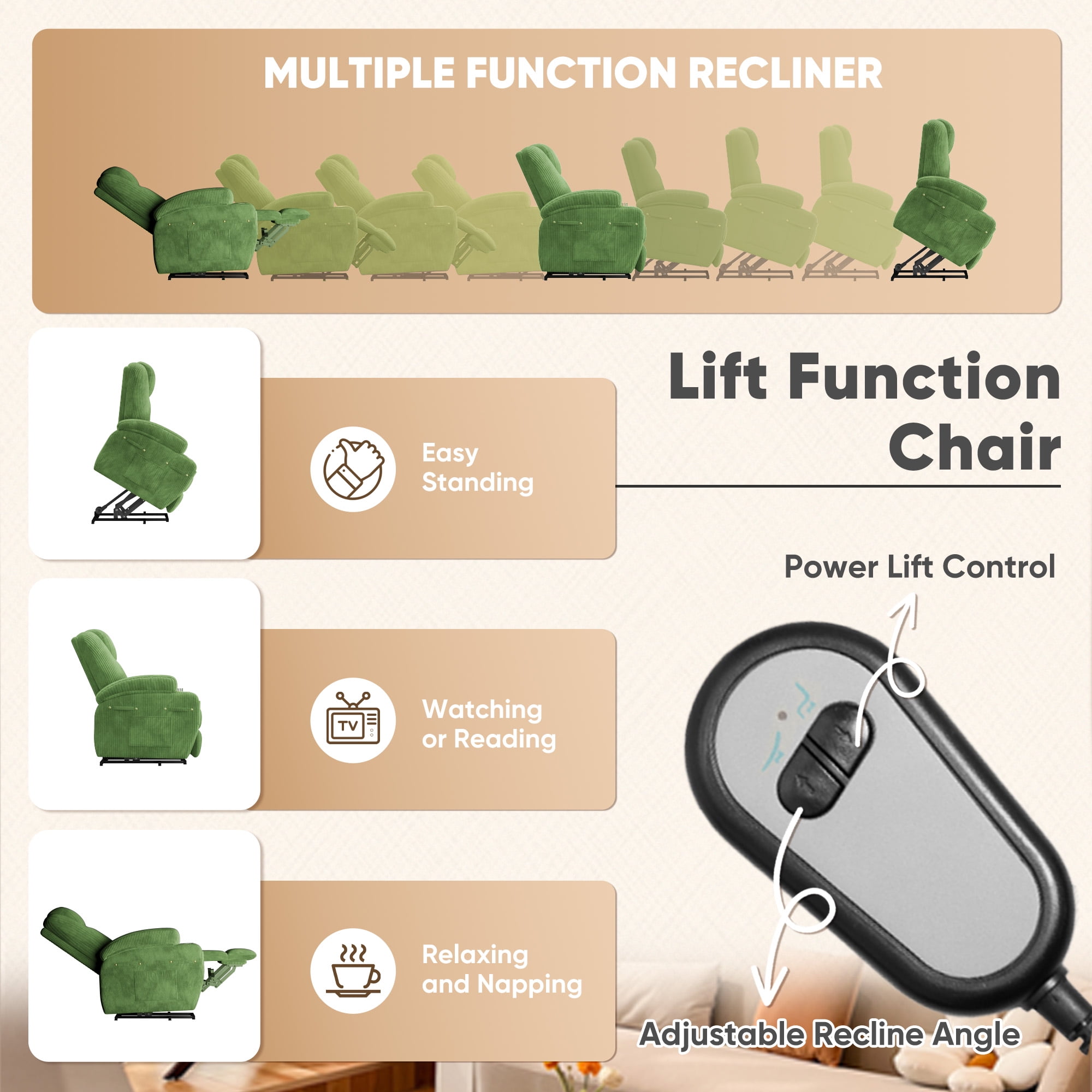 Homall Power Lift Recliner with Eight Vibrating Massages Ergonomic Single Sofa with Side Pocket and Soft Corduroy for Elderly,Corduroy Green