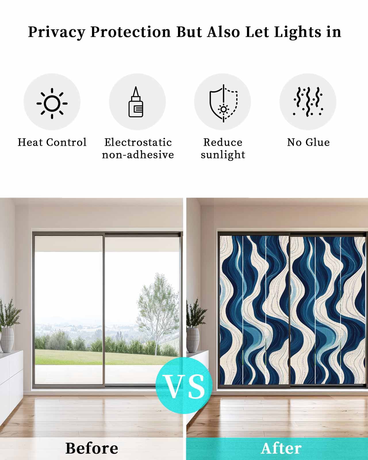Window Privacy Film Geometric Blue Stained Glass Window Film Decorative Sun Block Window Cover Vintage White Stripe Coastal Sea Wave Window Clings Static Adhesive Sticker for Bathroom 35.4"x78.7"