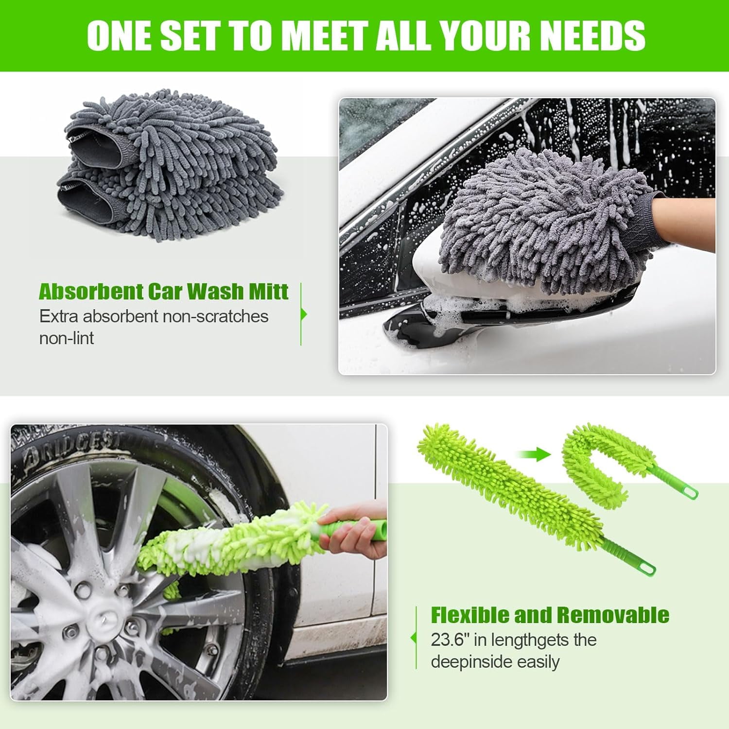 62'' Car Wash Brush with Long Handle, Chenille Car Cleaning Kits for Cars RV SUV Truck, 11Pcs