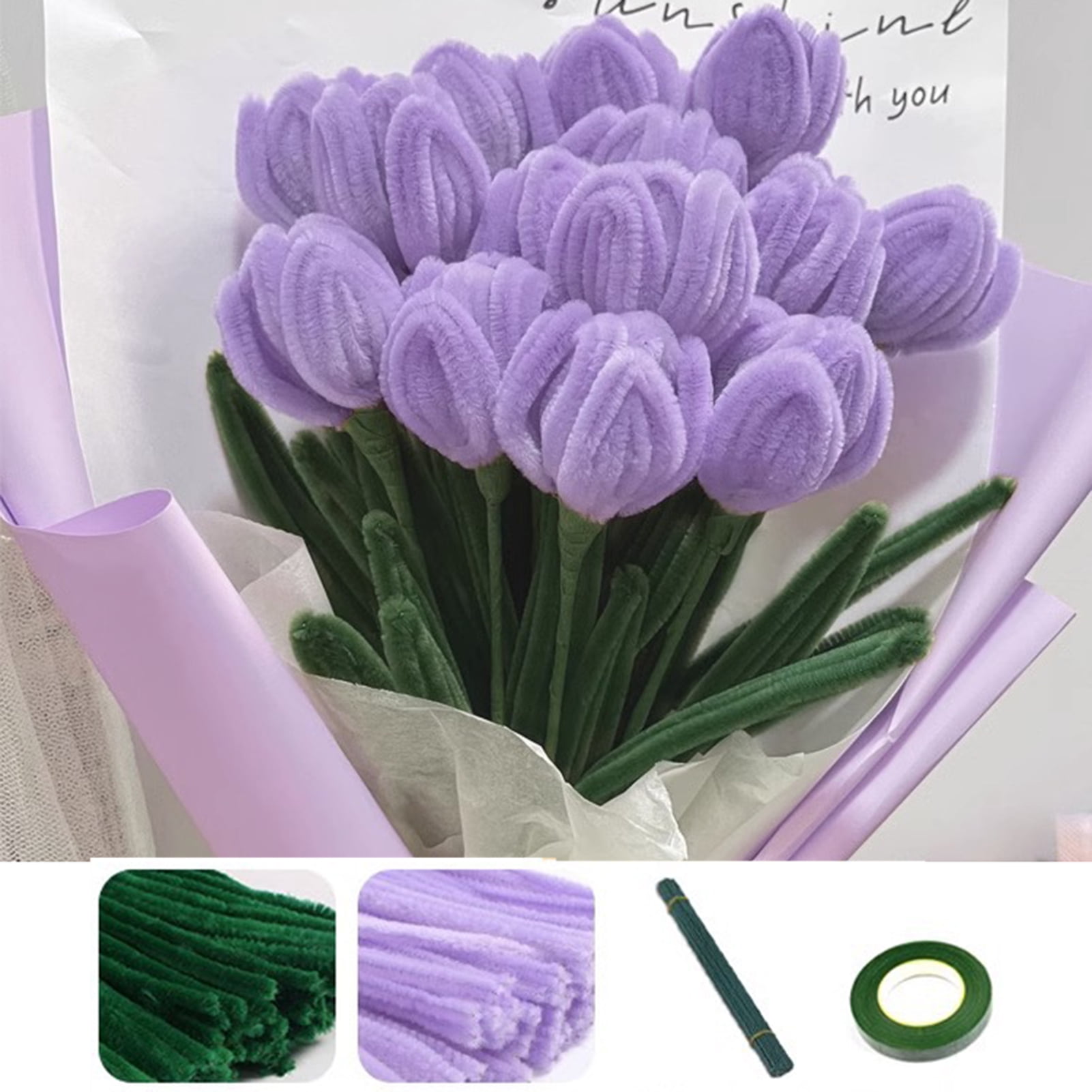 iCraftine 200 Pieces Pipe Cleaners Craft Supplies DIY Chenille Stems Tulip Bouquet Kit with Instructions for Wedding Gift, HO
