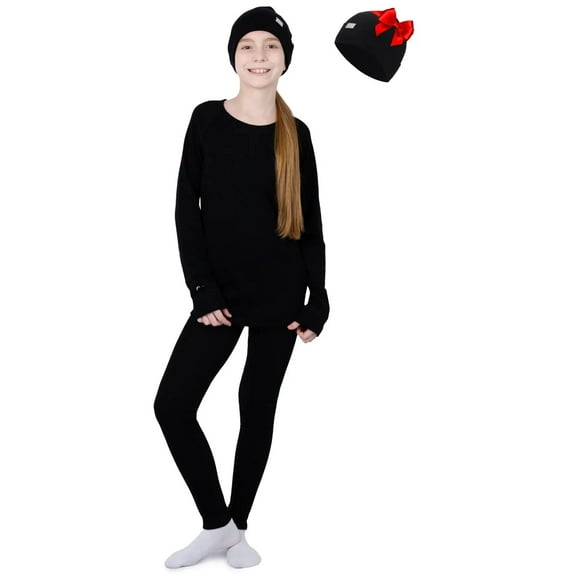 Merino Wool Base Layer Kids Set - Midweight Unisex Merino Wool Thermal Underwear For Kids Top, Bottom, Cuff Beanie (Large, Black)