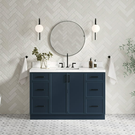 Ariel Kelly 54 Inch Single Rectangle Sink Bathroom Vanity With Carrara White Quartz Countertop 1.5 Inch Edge In Midnight Blue
