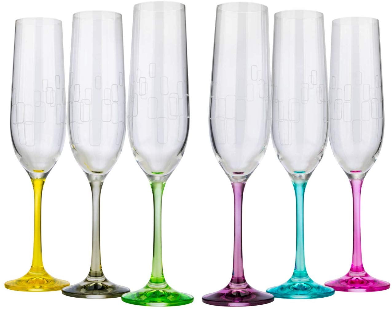 Crystalex 6 Oz Viola Rainbow Flute Glass 190ml, 6piece set, Assorted Color, Bohemian crystal