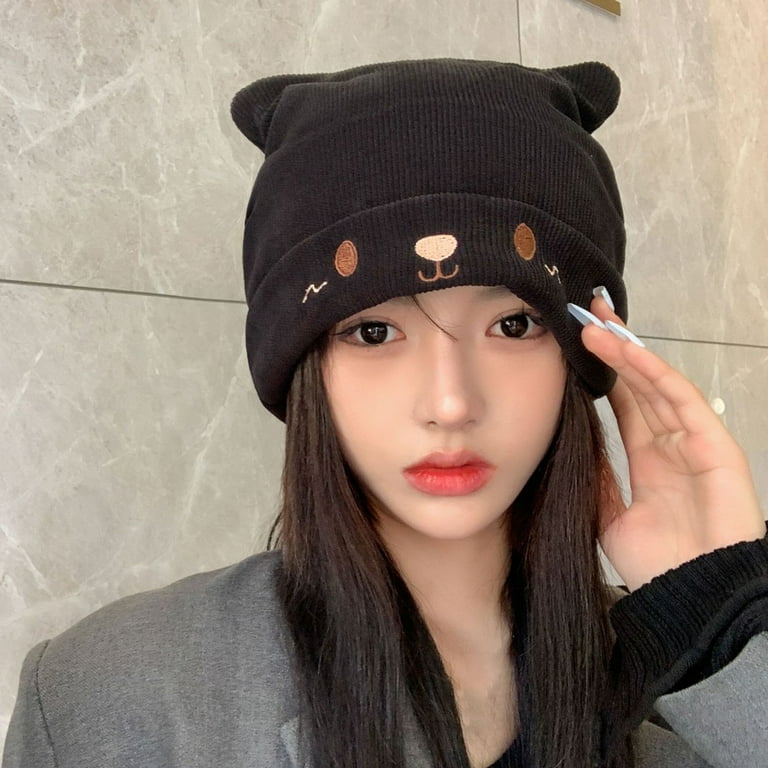 Mightlink Knitted Hat Cute Cat Ears Embroidery Face Slouchy Soft