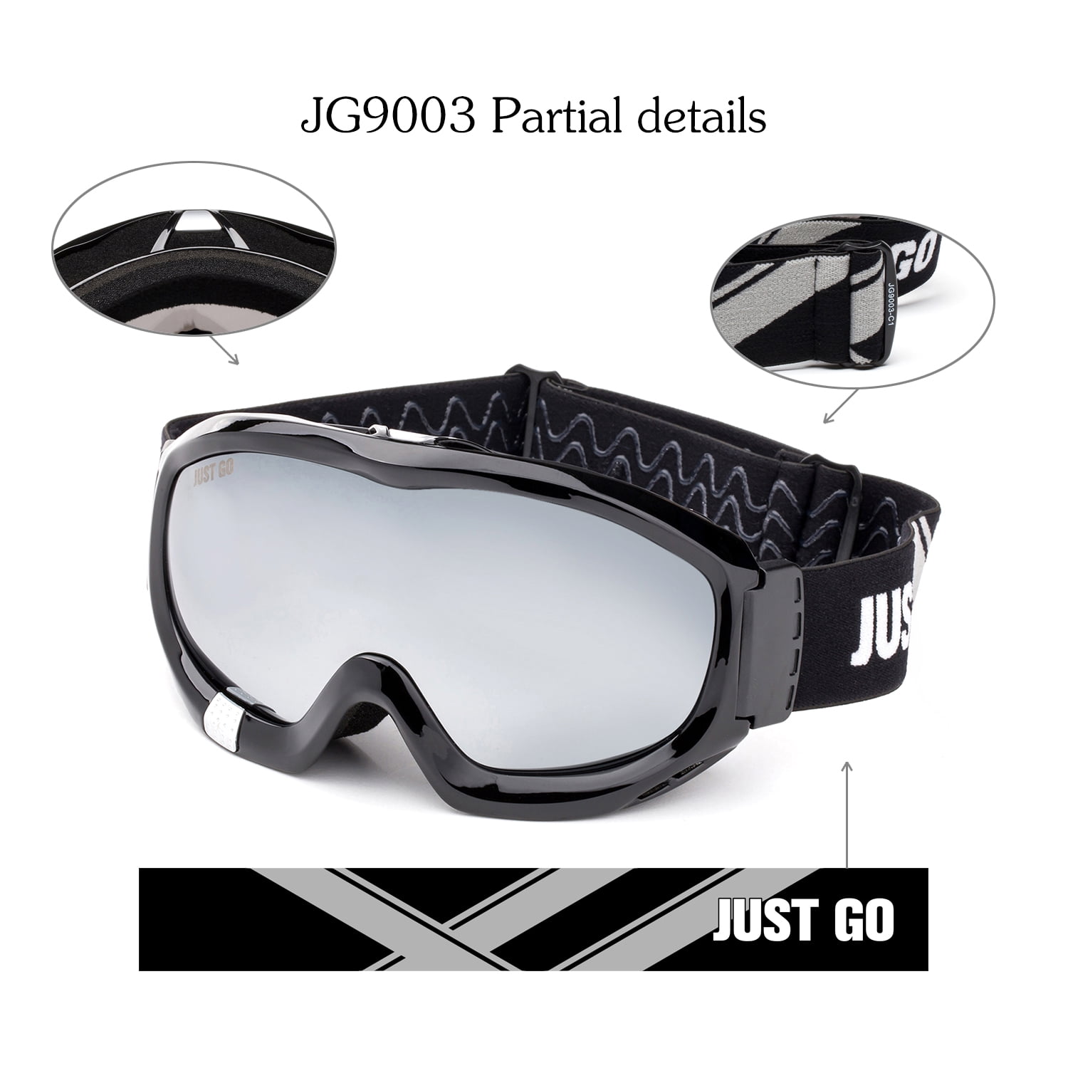 JUST GO Ski Goggles for Skiing Motorcycling and Winter Sports Dual-Layer Anti-Fog 100% UV Protection lens Snowboard Goggles fit Men, Women and Youth, Black Frame/ Silver Lens (VTL 12.8%)