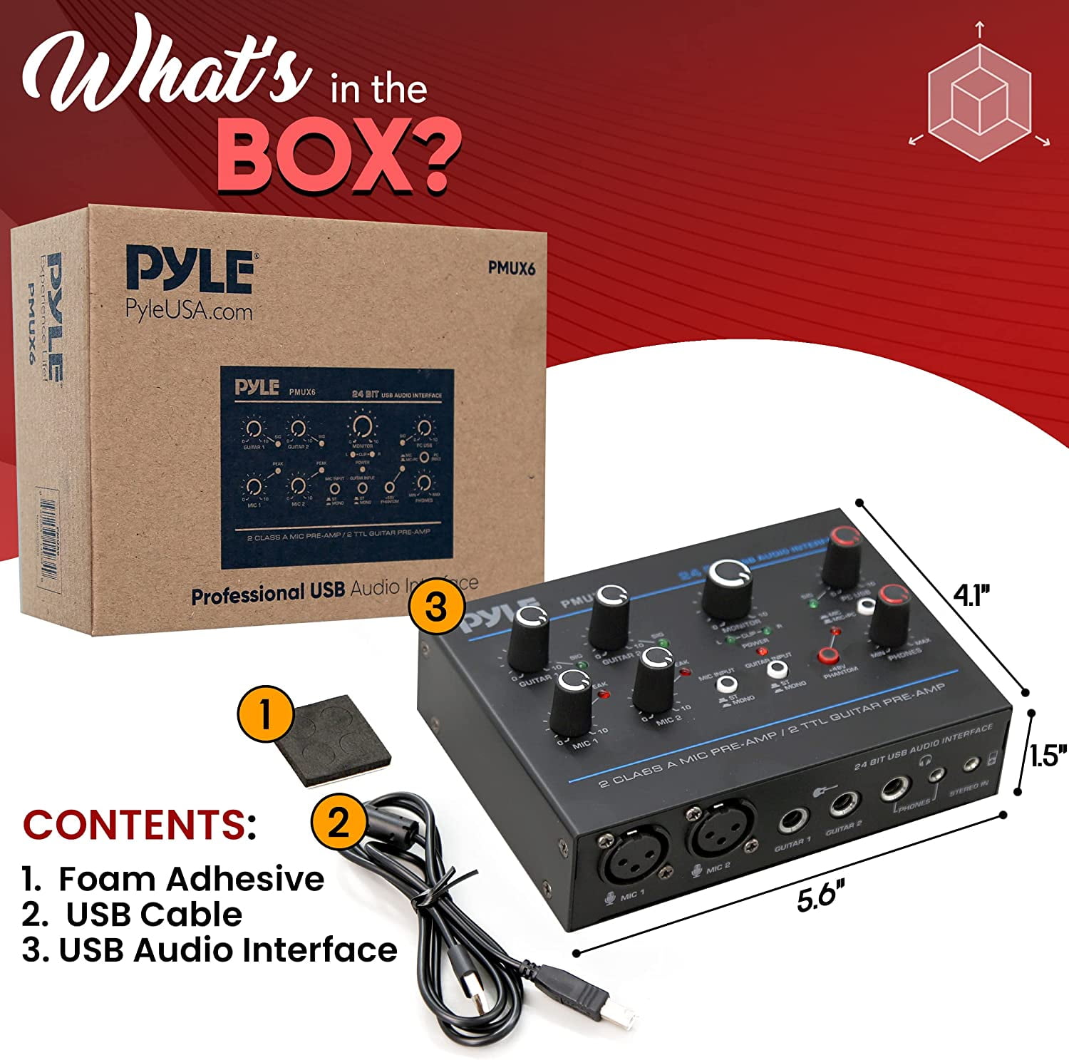 Professional USB Audio Interface with MIC/LINE, Guitar, AUX Stereo and RCA Inputs, Phone/Stereo/Monitor Outputs