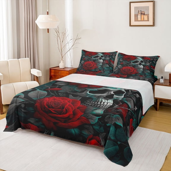 Homewish Anniversary Red Rose 3pcs Twin Sheet Set, Romantic Gothic Skeleton Bedding