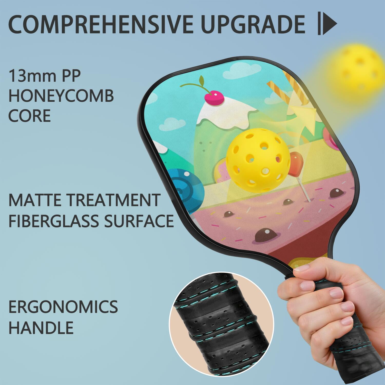 Pickleball Paddles Set Of 1, Fiberglass Surface, Sweet Candy Print, 1 Paddle, 2 Balls & Bag