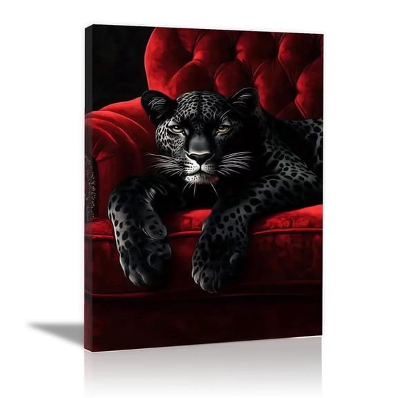 Mudket Black Panther on Red Tufted Armchair Canvas Wall Art, Modern Luxury Wildlife Art Work Print for Living Room Office Entryway Home Decor , Framed Ready to Hang - 12"L x 8"W