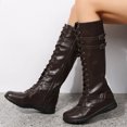 thumbnail image 3 of Rokment Vintage Knee High Combat Boots for Women Casual Buckles Leather Lace up Platform Wedge Mid Heels Mid Calf Motorcycle Riding Tall Booties, 3 of 8