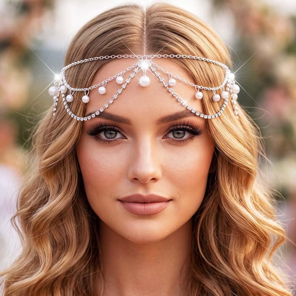 SELIVO Pearl Head Chain Jewelry Boho Rhinestone Headpiece Silver Bridal Wedding Hair Chain Hair Accessories for Women Elegant Hair Jewelry